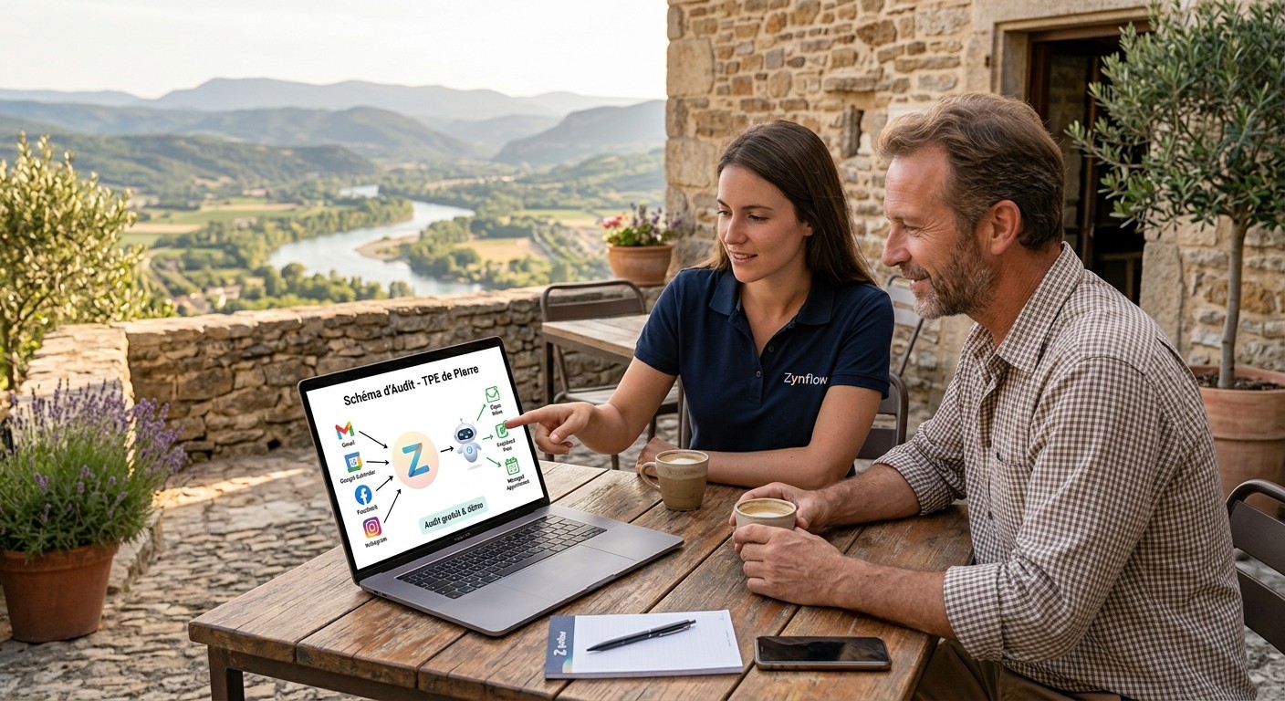 Une conseillère Zynflow présente un schéma d'audit à un dirigeant de TPE, sur une terrasse de Drôme-Ardèche